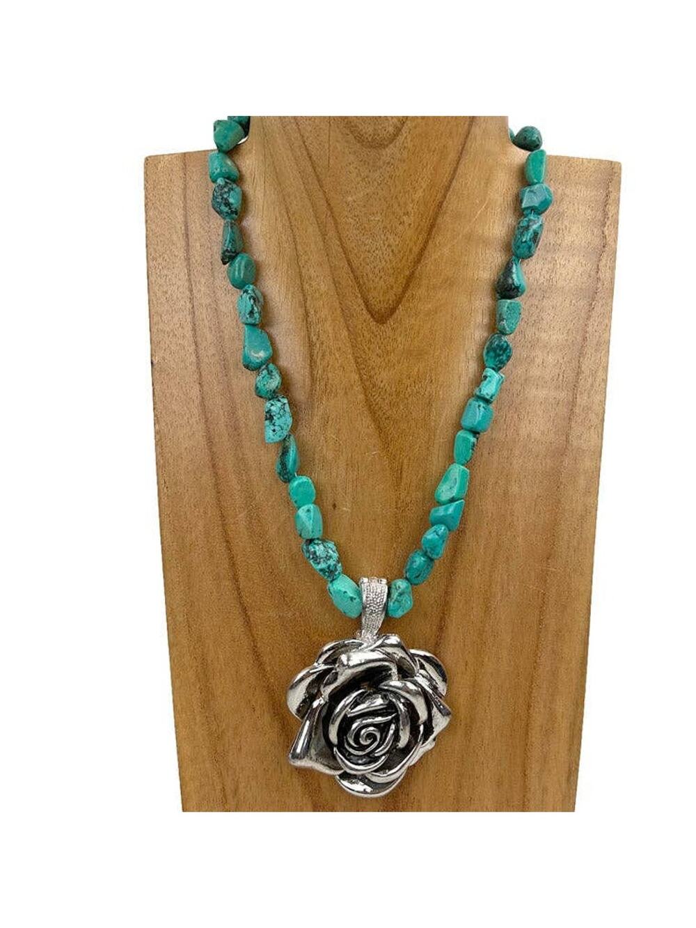 Green Turquoise Stone Bead Necklace – Silver Rose Pendant | 18"